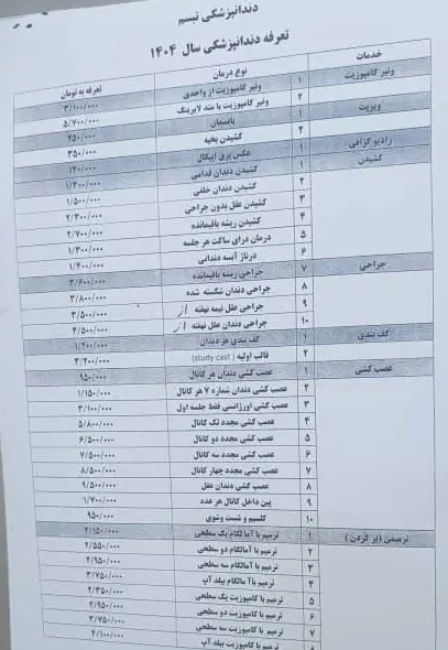لیست قیمت 1404 تعرفه دندانپزشکی در باغ فیض اسلامشهر